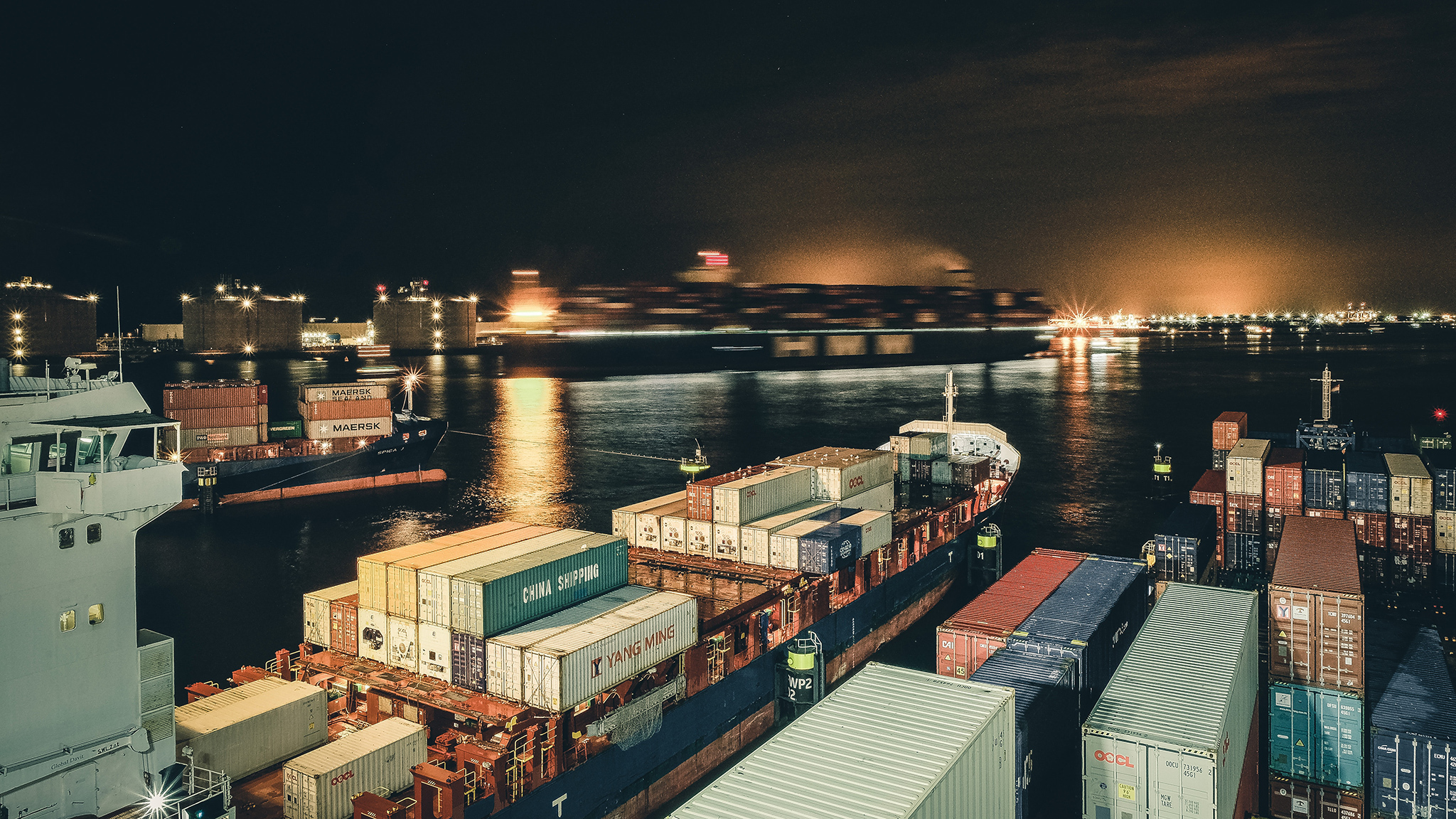 Cargo ship port at night